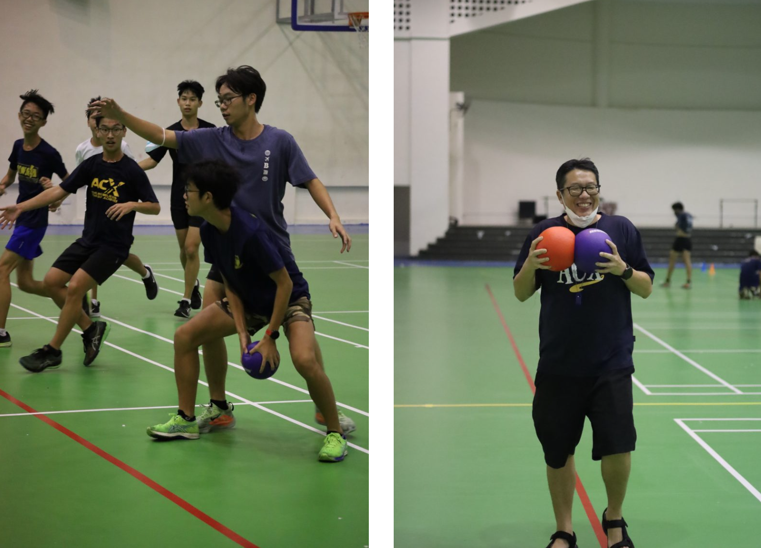 Two photos of young people playing dodgeball indoors; left shows players running, right shows a smiling man holding orange and purple balls.